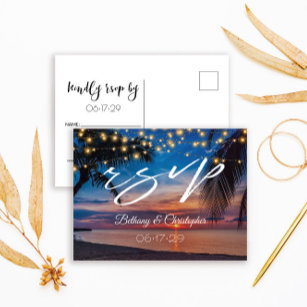 Tropical Sunset String Lights Beach Wedding RSVP Invitation Postcard