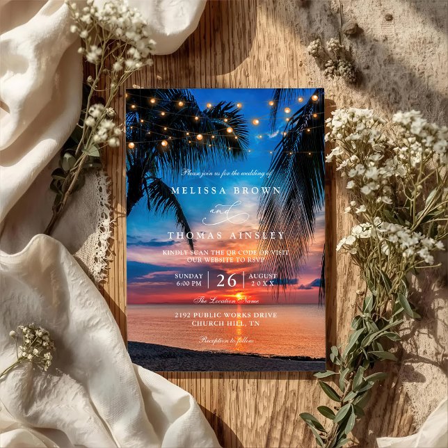 Tropical Sunset String Lights Palm QR Code Wedding Invitation (Creator Uploaded)
