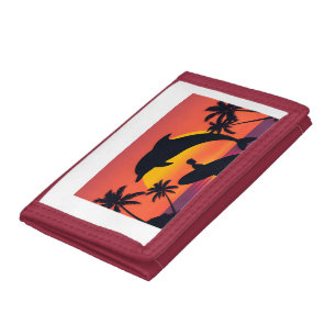 Tropical Sunset Surfer and Dolphin Silhouette Wall Tri-fold Wallet
