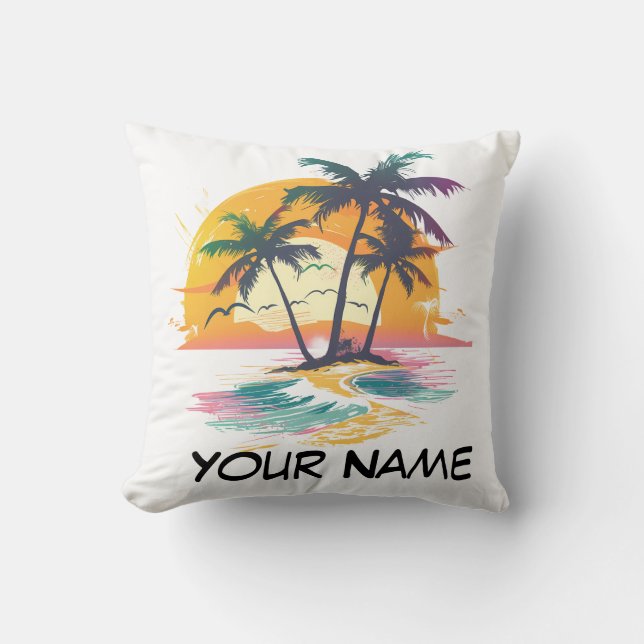 Tropical Sunset Vibes – Palm Trees & Beach Design Throw Pillow (Front)