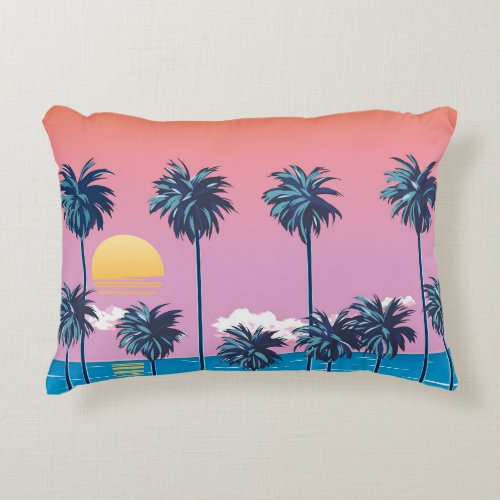 Tropical Sunset Vintage Beach Illustration Accent Pillow