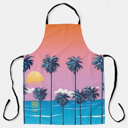 Tropical Sunset Vintage Beach Illustration Apron