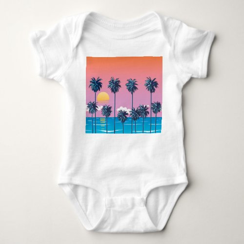Tropical Sunset Vintage Beach Illustration Baby Bodysuit