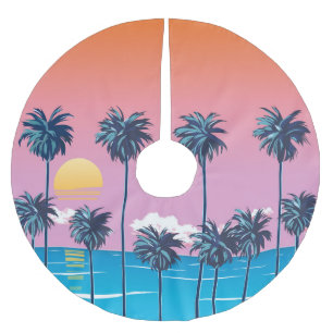 Tropical Sunset: Vintage Beach Illustration Brushed Polyester Tree Skirt