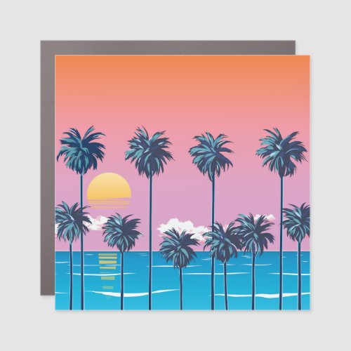 Tropical Sunset Vintage Beach Illustration Car Magnet