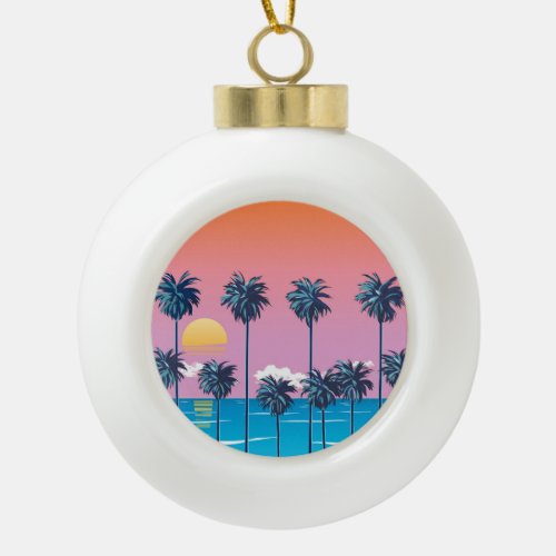 Tropical Sunset Vintage Beach Illustration Ceramic Ball Christmas Ornament