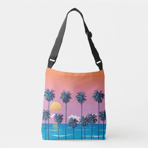 Tropical Sunset Vintage Beach Illustration Crossbody Bag