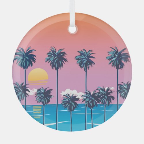 Tropical Sunset Vintage Beach Illustration Glass Ornament