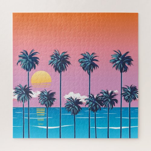 Tropical Sunset Vintage Beach Illustration Jigsaw Puzzle