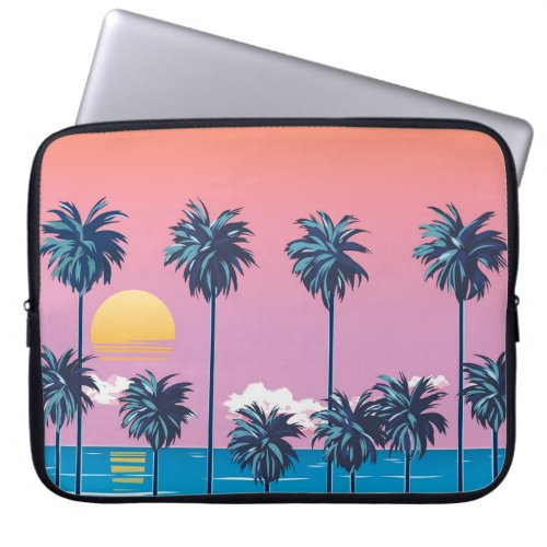 Tropical Sunset Vintage Beach Illustration Laptop Sleeve
