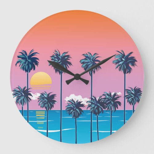 Tropical Sunset Vintage Beach Illustration Large Clock