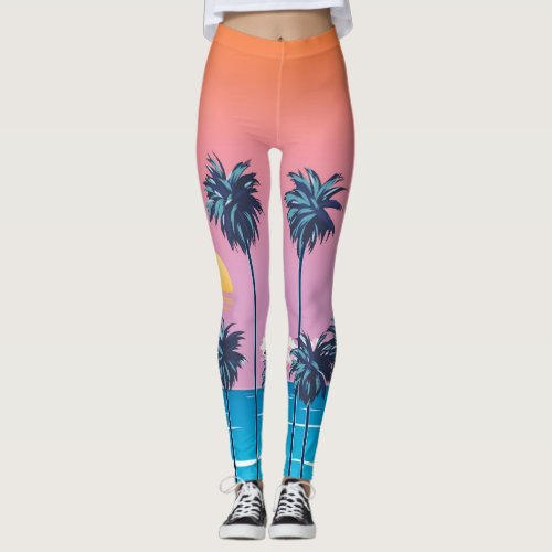 Tropical Sunset Vintage Beach Illustration Leggings