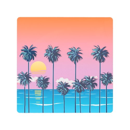 Tropical Sunset Vintage Beach Illustration Metal Print