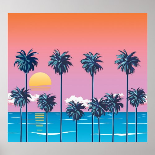 Tropical Sunset Vintage Beach Illustration Poster