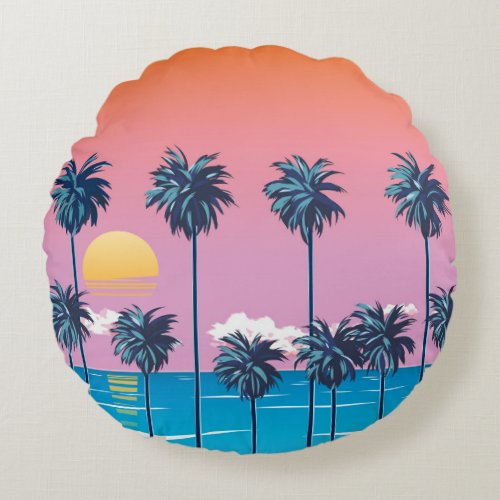 Tropical Sunset Vintage Beach Illustration Round Pillow
