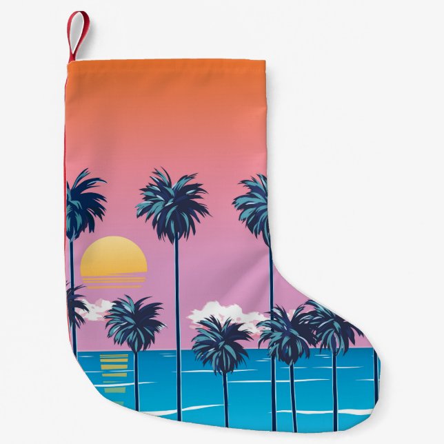 Tropical Sunset: Vintage Beach Illustration Small Christmas Stocking (Front)
