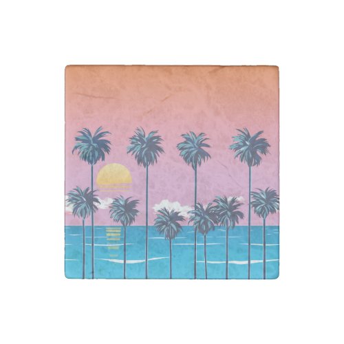 Tropical Sunset Vintage Beach Illustration Stone Magnet