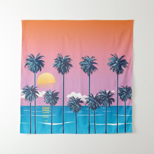 Tropical Sunset Vintage Beach Illustration Tapestry