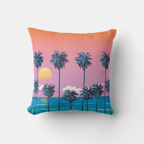 Tropical Sunset Vintage Beach Illustration Throw Pillow