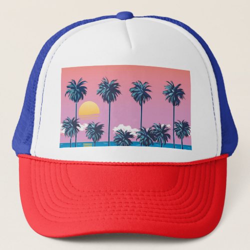 Tropical Sunset Vintage Beach Illustration Trucker Hat