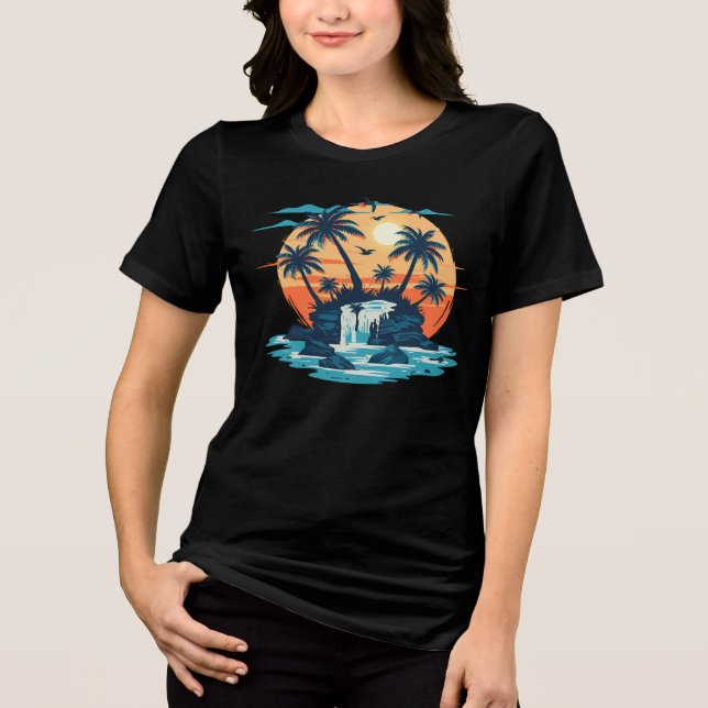 Tropical Sunset Waterfall Graphic T-Shirt Tri-Blend Shirt (Front)
