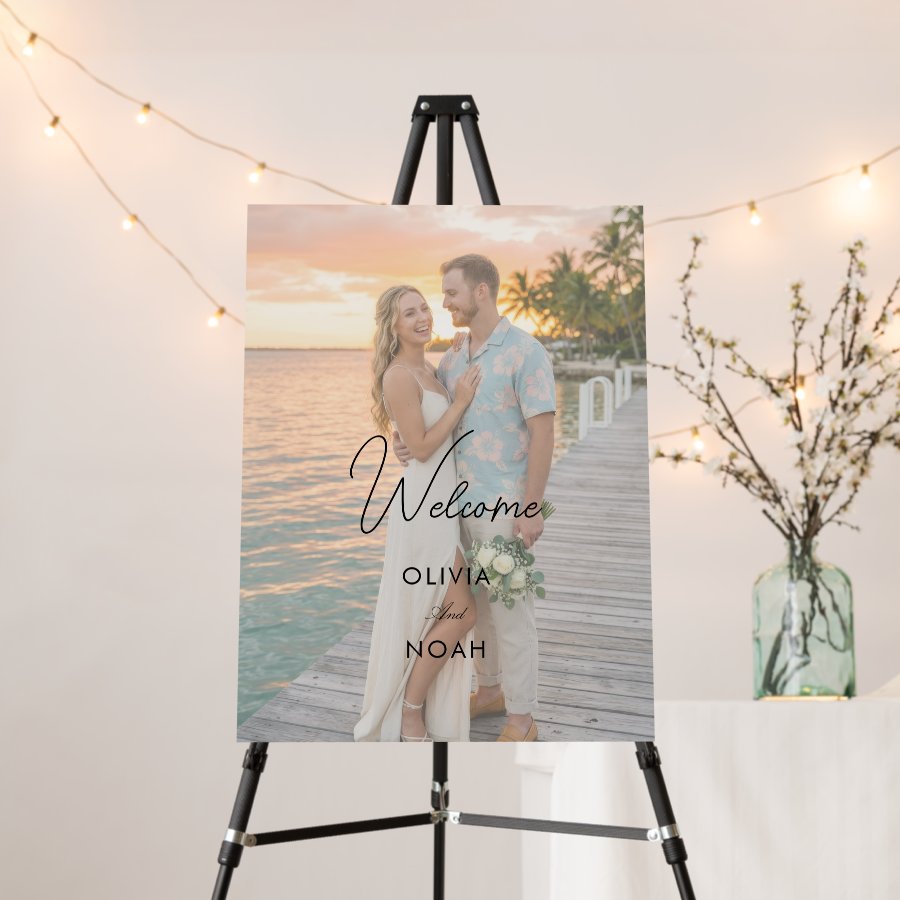 Tropical Sunset Wedding Welcome Sign Photo.