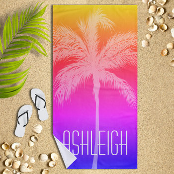 Tropical Sunset White Palm Personalized Beach Towel by reflections06 at Zazzle
