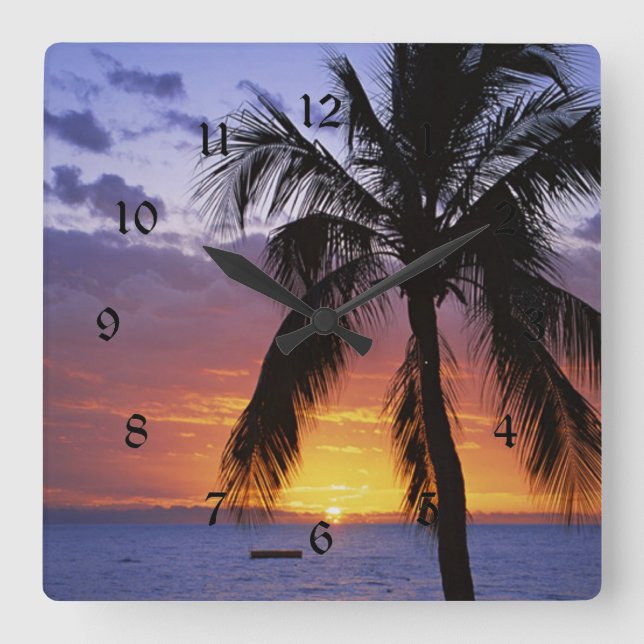 Tropical Sunset with Palm Tree Square Wall Clock (Front)
