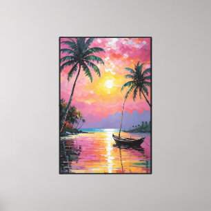 Tropical Sunset with Palm Trees and Boat Abstract Canvas Print