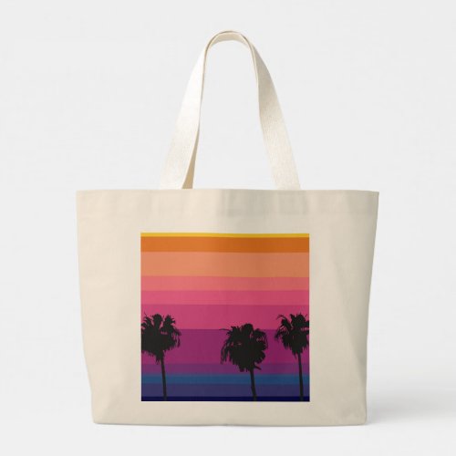 Tropical sunset with palm trees large tote bag