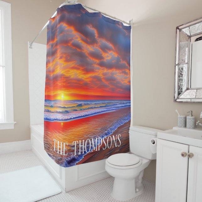 Tropical Sunset with Personalized Name Shower Curtain (In Situ)