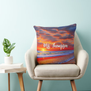 Tropical Sunset with Personalized Name Throw Pillow