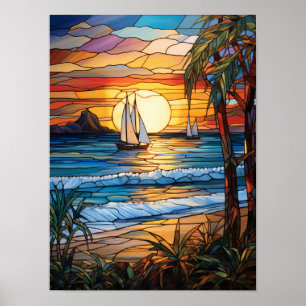 Tropical Sunset with Sailboats and Ocean Waves Poster