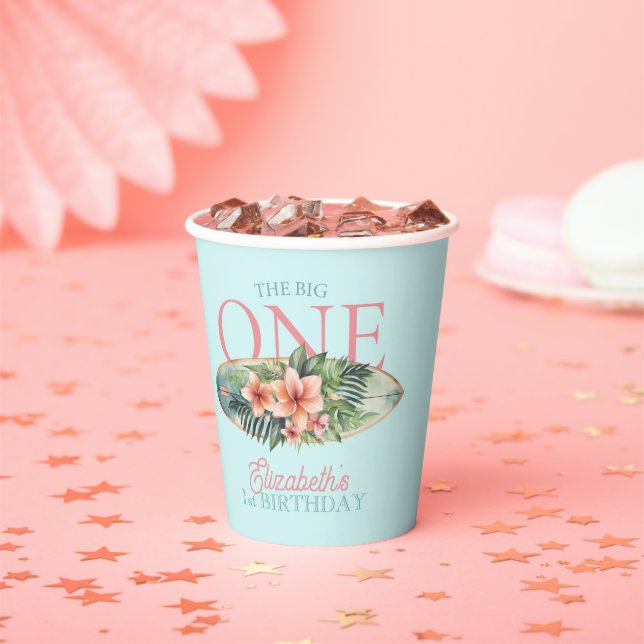 Tropical Surf Board The Big One 1st Birthday Paper Cups (Insitu)