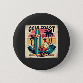 Tropical Surf Vibes – Retro Rooster & Waveboard T- Button