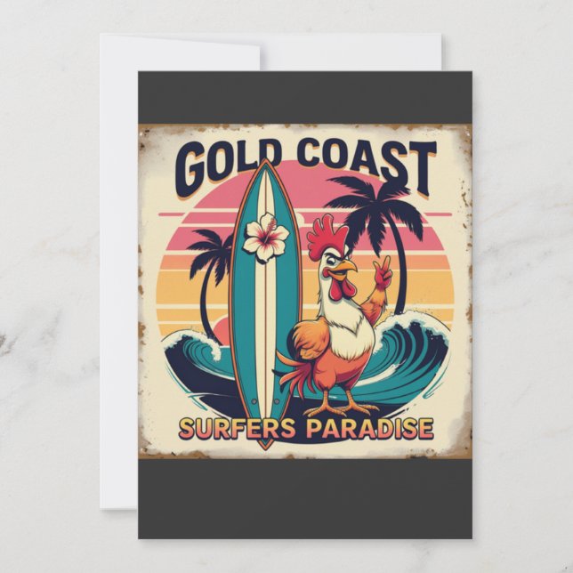 Tropical Surf Vibes – Retro Rooster & Waveboard T- Invitation (Front)