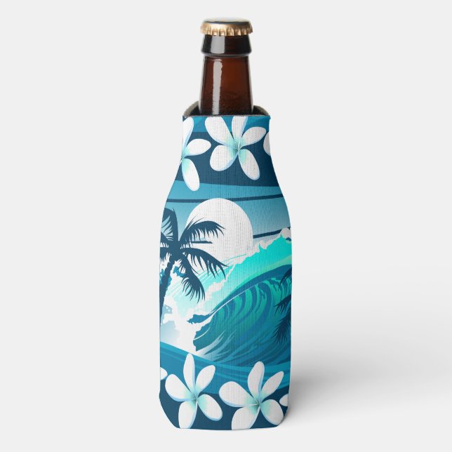 Tropical surf wave with palm trees bottle cooler (Bottle Front)