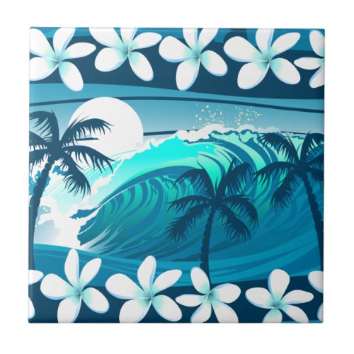 Tropical surf wave with palm trees ceramic tile