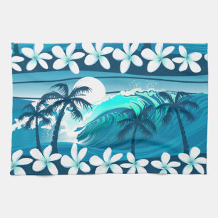 Tropical surf wave with palm trees kitchen towel