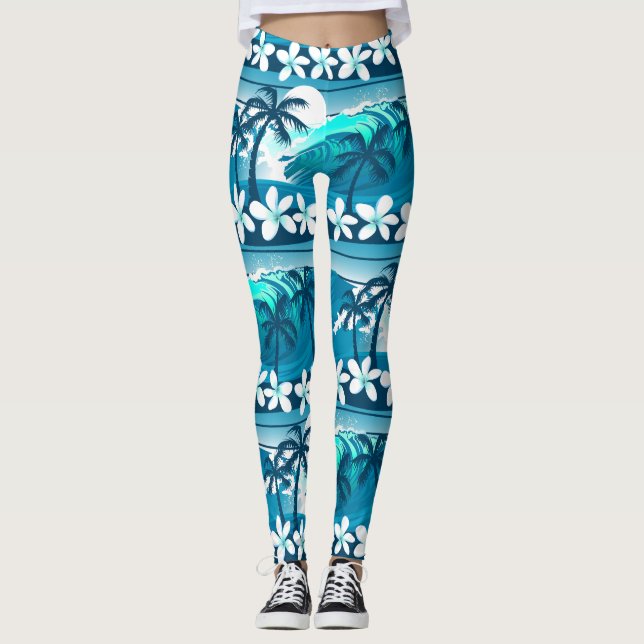 Tropical surf wave with palm trees leggings (Front)