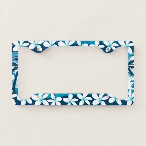 Tropical surf wave with palm trees license plate frame