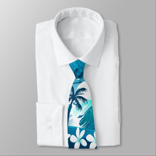 Tropical surf wave with palm trees neck tie