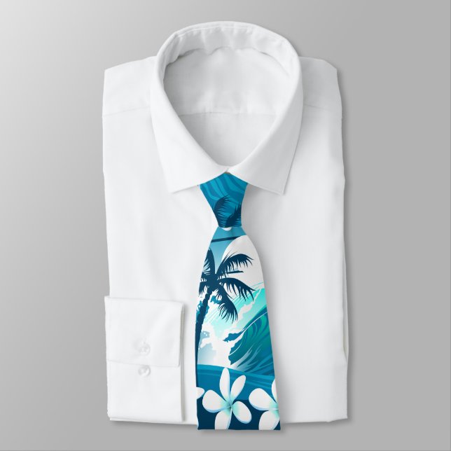 Tropical surf wave with palm trees neck tie (Tied)