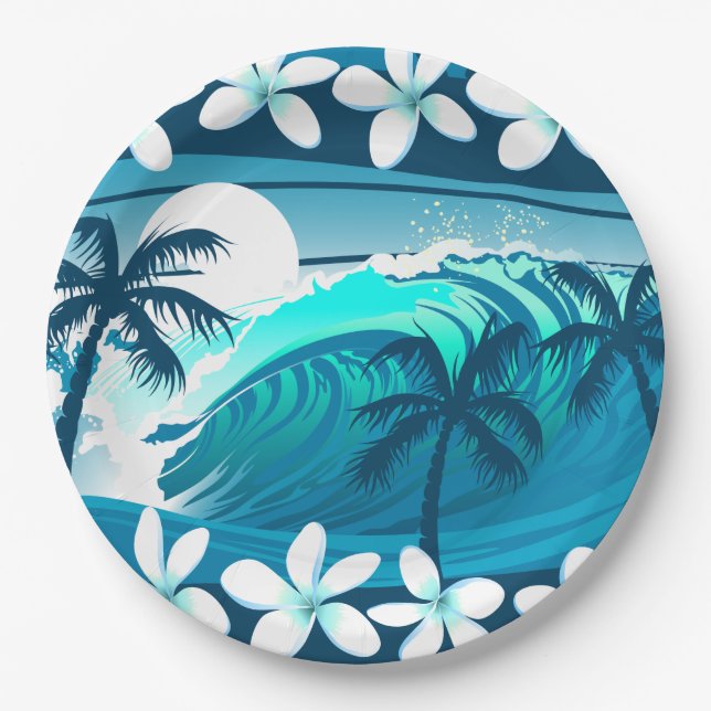 Tropical surf wave with palm trees paper plates (Front)