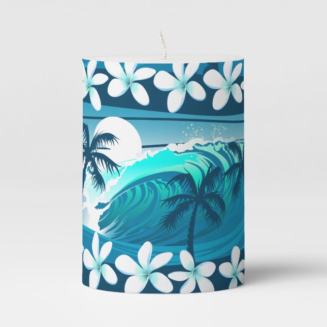 Tropical surf wave with palm trees pillar candle (Front)