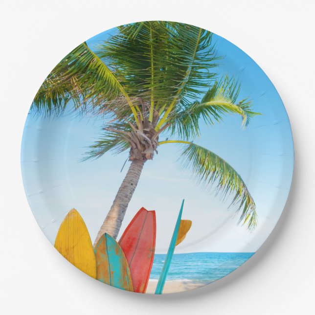 Tropical Surfboard Beach Paper Plates (Front)