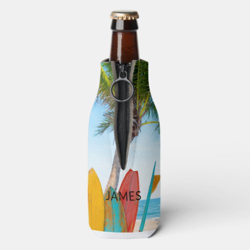 Tropical Surfboard Beach Personalized Name Bottle Cooler