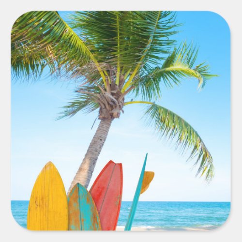 Tropical Surfboard Beach Square Sticker