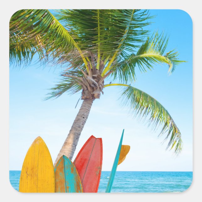 Tropical Surfboard Beach Square Sticker (Front)