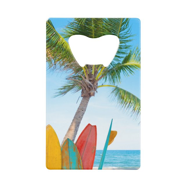 Tropical Surfboard Beach Surfing Cool Summer Credit Card Bottle Opener (Front)